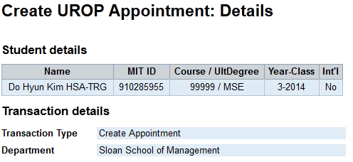 Create UROP Details