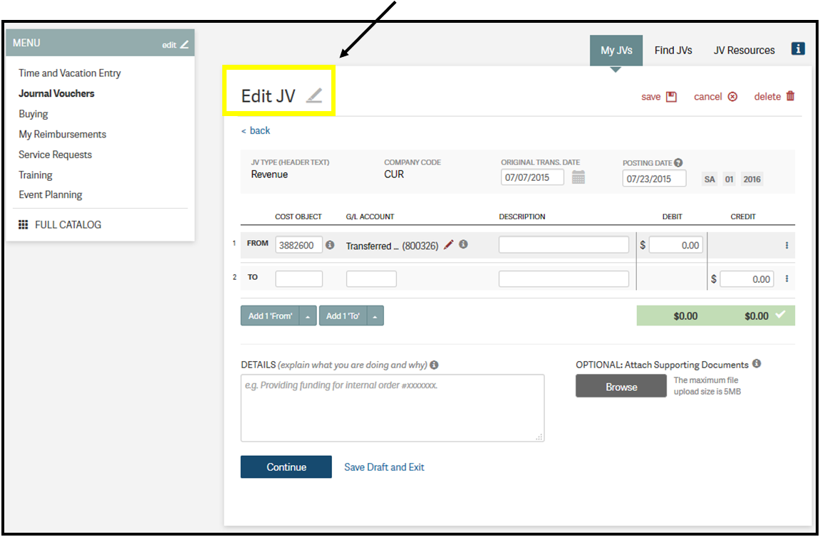 Journal Vouchers: Edit JV
