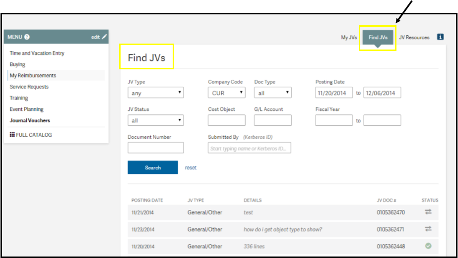 Journal Vouchers: Find JVs