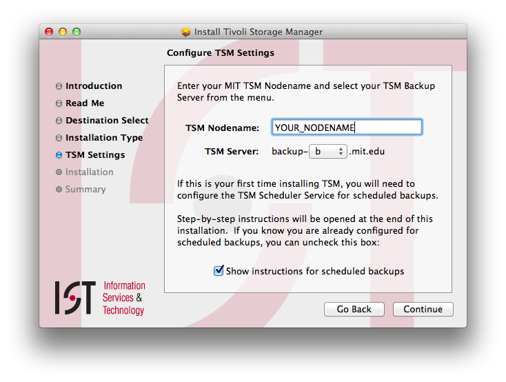 Configure TSM settings screen
