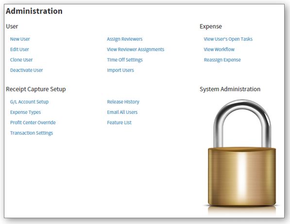 "Administration main menu.  Divided into 3 sections: User