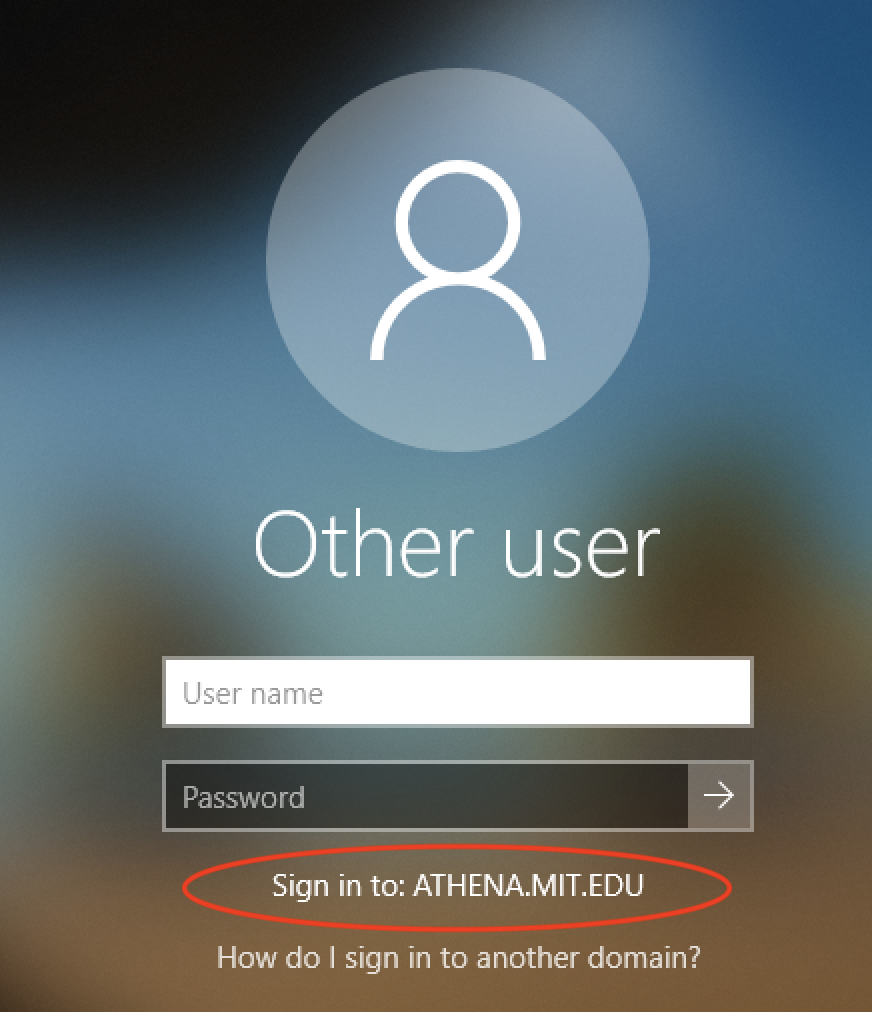 “Screenshot of Windows logon scree with ‘Sign in to:ATHENA.MIT.EDU’ circled.”