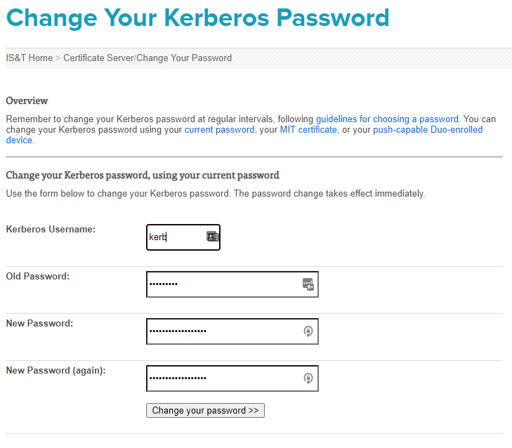 “Screenshot of Change Your Kerberos Password screen.”
