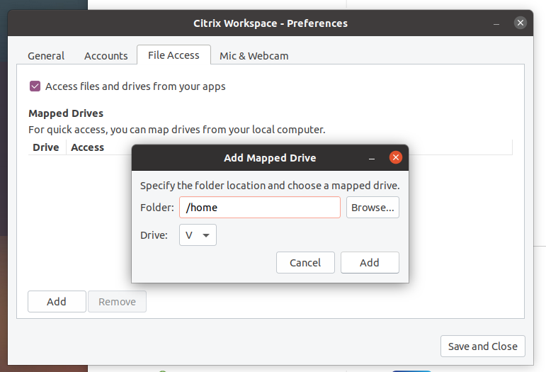 Add Mapped Drive popup window