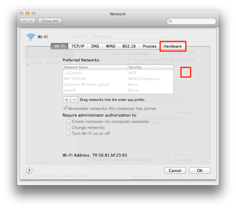 Ethernet settings screen